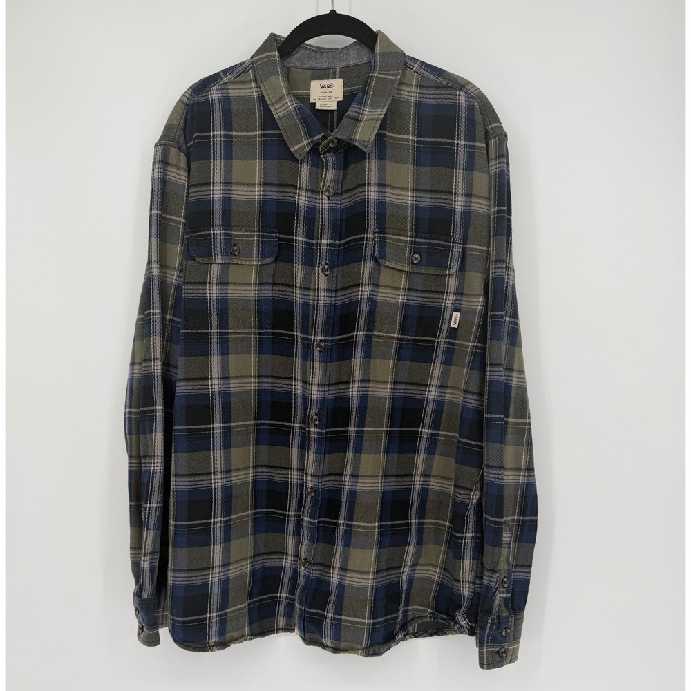 Vans Off The Wall Mens XL Flannel Shirt Blue Olive Green Plaid Classic Fit